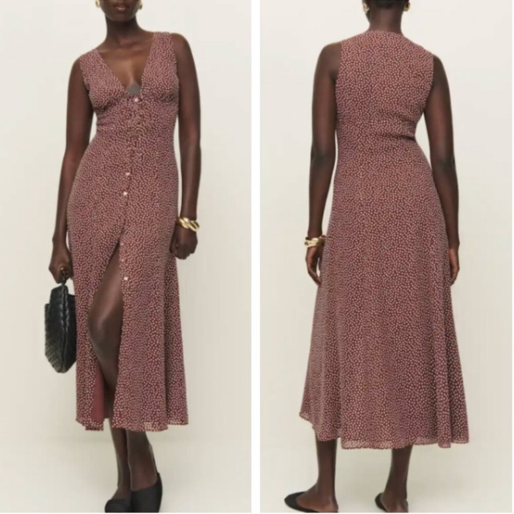 Reformation Ceara Midi Dress Sz4 Choco Dot Polka V Neck French Casual Summer